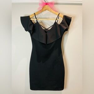 Chic Little Black Dress with Cold Shoulder Straps and Ruffles